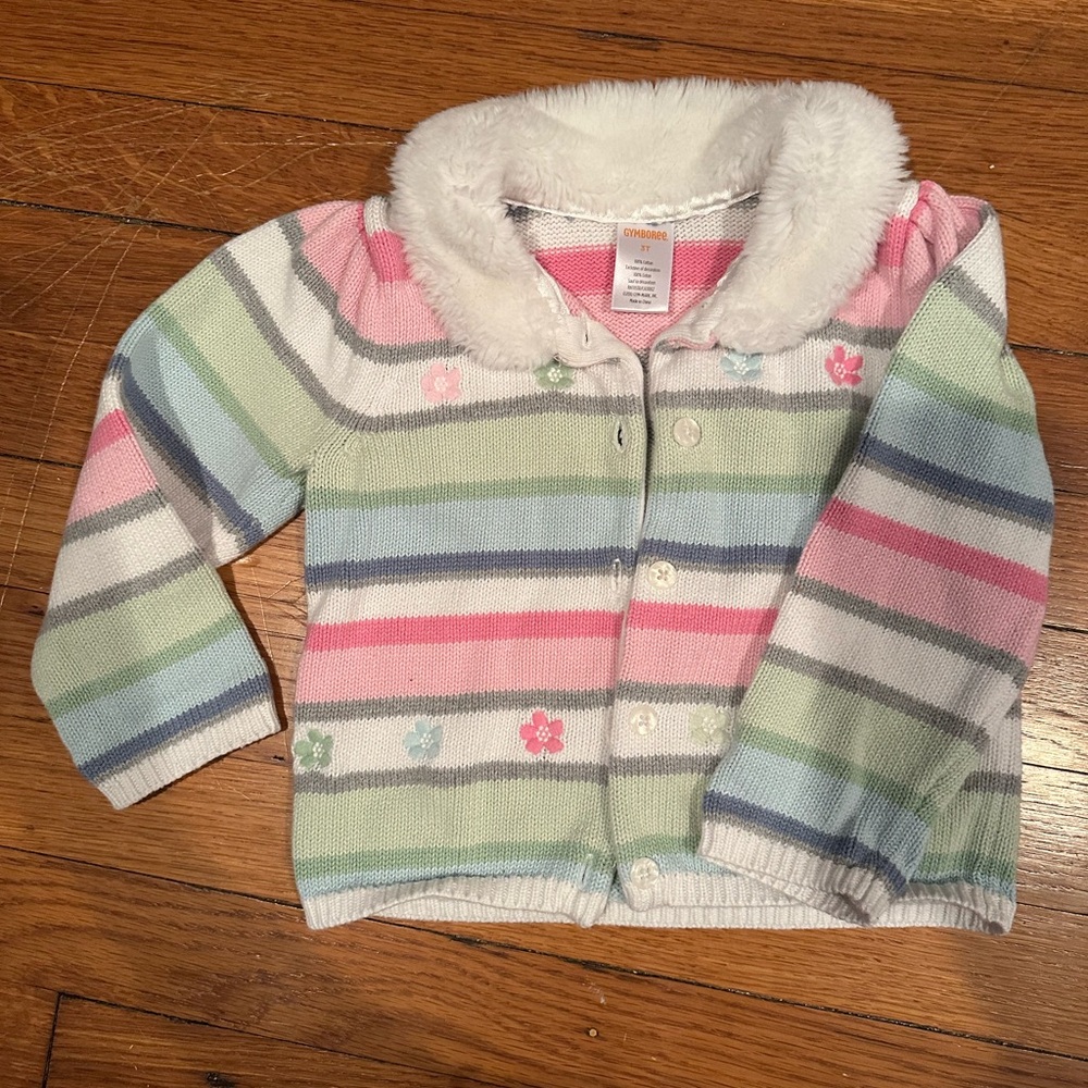 Gymboree Striped Pastel Cardigan with Faux Fur Collar